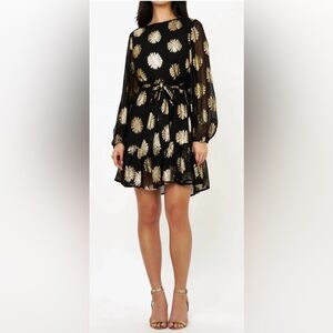 Oliphant Flirty Peony Elegant Black and Gold Floral Dress Large NWT NEW